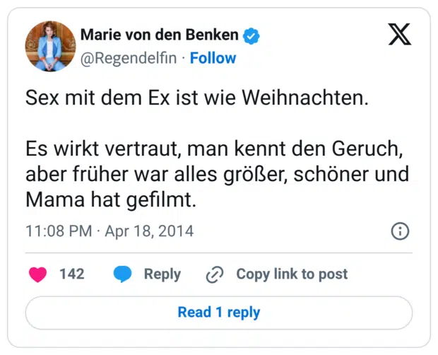 Sex mit dem Ex ist wie Weihnachten. Es wirkt vertraut, man kennt den Geruch, aber früher war alles größer, schöner und Mama hat gefilmt.