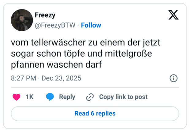 vom tellerwäscher zu einem der jetzt sogar schon töpfe und mittelgroße pfannen waschen darf