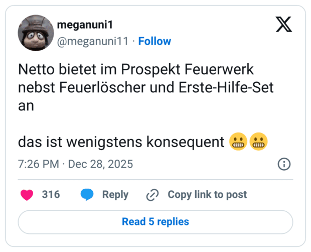 Netto bietet im Prospekt Feuerwerk nebst Feuerlöscher und Erste-Hilfe-Set an das ist wenigstens konsequent 😬😬