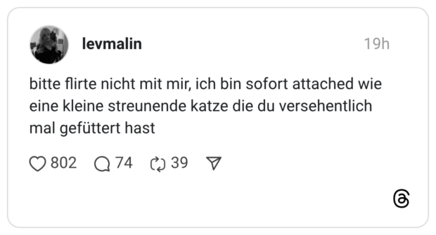 bitte flirte nicht mit mir, ich bin sofort attached wie eine kleine streunende katze die du versehentlich mal gefüttert hast