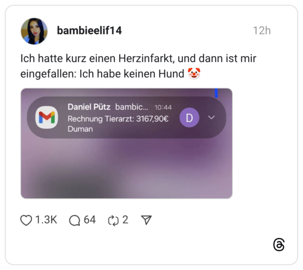 Ich hatte kurz einen Herzinfarkt, und dann ist mir eingefallen: Ich habe keinen Hund 🤡
