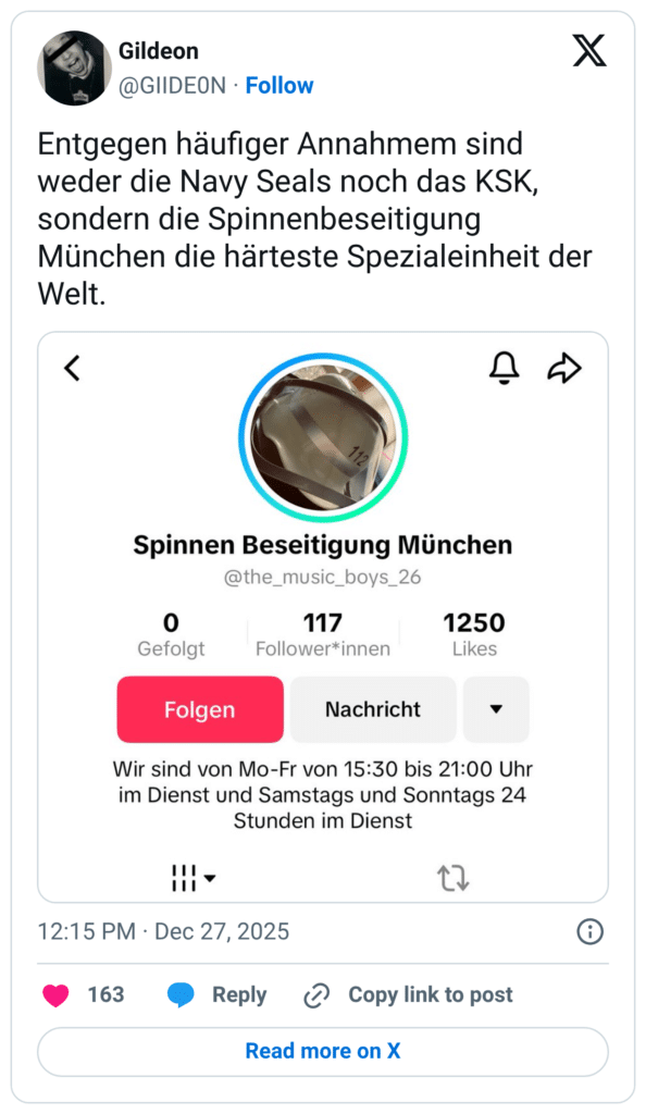 Entgegen häufiger Annahmem sind weder die Navy Seals noch das KSK, sondern die Spinnenbeseitigung München die härteste Spezialeinheit der Welt.