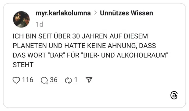 ICH BIN SEIT ÜBER 30 JAHREN AUF DIESEM PLANETEN UND HATTE KEINE AHNUNG, DASS DAS WORT "BAR" FÜR "BIER- UND ALKOHOLRAUM" STEHT