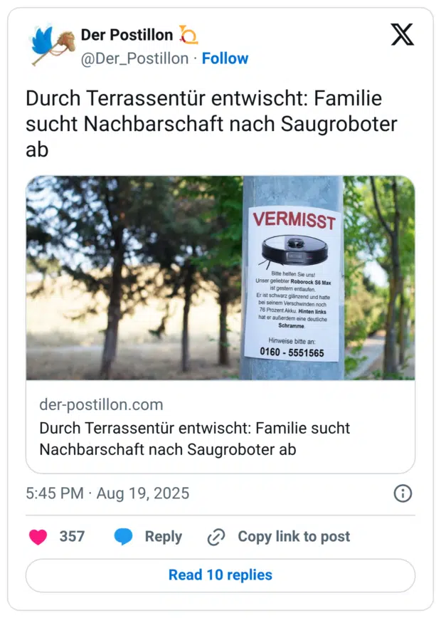 Durch Terrassentür entwischt. Familie such tbachbarschaft nach Saugroboter ab