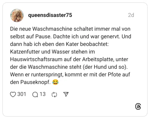Die neue Waschmaschine schaltet immer mal von selbst auf Pause. Dachte ich und war genervt. Und dann hab ich eben den Kater beobachtet: Katzenfutter und Wasser stehen im Hauswirtschaftsraum auf der Arbeitsplatte, unter der die Waschmaschine steht (der Hund und so). Wenn er runterspringt, kommt er mit der Pfote auf den Pauseknopf. :freudentränen: