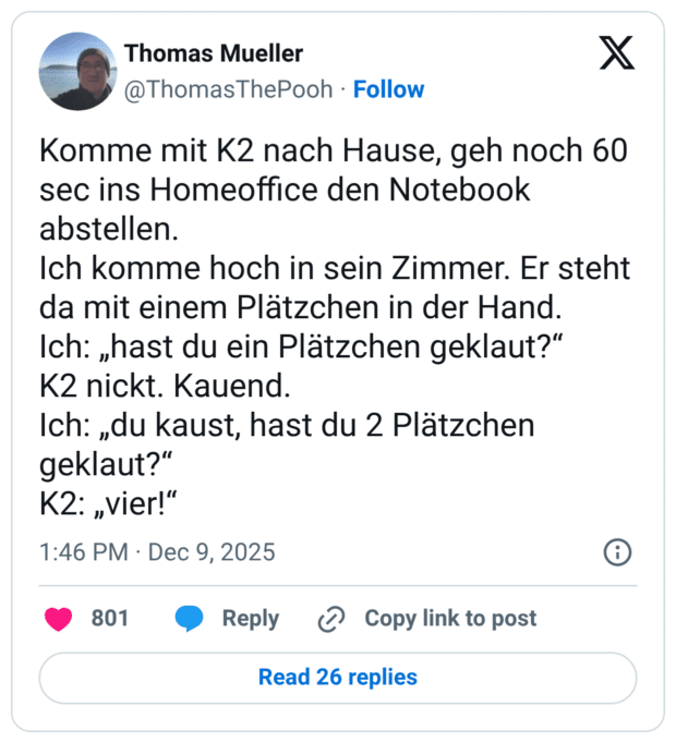 Komme mit K2 nach Hause, geh noch 60 sec ins Homeoffice den Notebook abstellen. Ich komme hoch in sein Zimmer. Er steht da mit einem Plätzchen in der Hand. Ich: „hast du ein Plätzchen geklaut?“ K2 nickt. Kauend. Ich: „du kaust, hast du 2 Plätzchen geklaut?“ K2: „vier!“