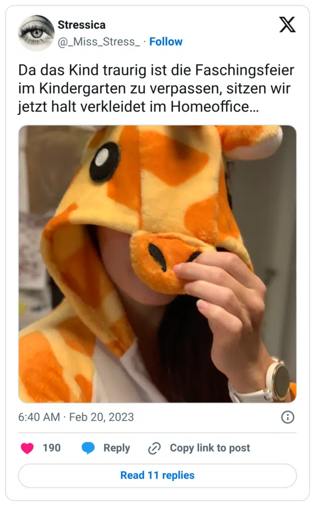 Da das Kind traurig ist die Faschingsfeier im Kindergarten zu verpassen, sitzen wir jetzt halt verkleidet im Homeoffice…