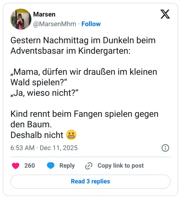 Gestern Nachmittag im Dunkeln beim Adventsbasar im Kindergarten: „Mama, dürfen wir draußen im kleinen Wald spielen?“ „Ja, wieso nicht?“ Kind rennt beim Fangen spielen gegen den Baum. Deshalb nicht :grimasse: