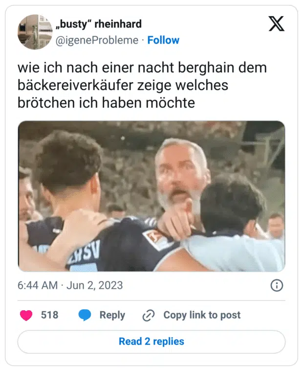 wie ich nach einer nacht berghain dem bäckereiverkäufer zeige welches brötchen ich haben möchte