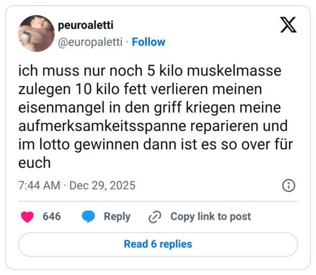 ich muss nur noch 5 kilo muskelmasse zulegen 10 kilo fett verlieren meinen eisenmangel in den griff kriegen meine aufmerksamkeitsspanne reparieren und im lotto gewinnen dann ist es so over für euch
