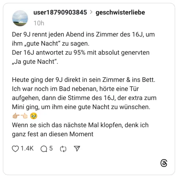 Der 9J rennt jeden Abend ins Zimmer des 16J, um ihm „gute Nacht" zu sagen. Der 16J antwortet zu 95% mit absolut genervten „Ja gute Nacht" Heute ging der 9J direkt in sein Zimmer & ins Bett. Ich war noch im Bad nebenan, hörte eine Tür aufgehen, dann die Stimme des 16J, der extra zum Mini ging, um ihm eine gute Nacht zu wünschen. Wenn se sich das nächste Mal klopfen, denk ich ganz fest an diesen Momen
