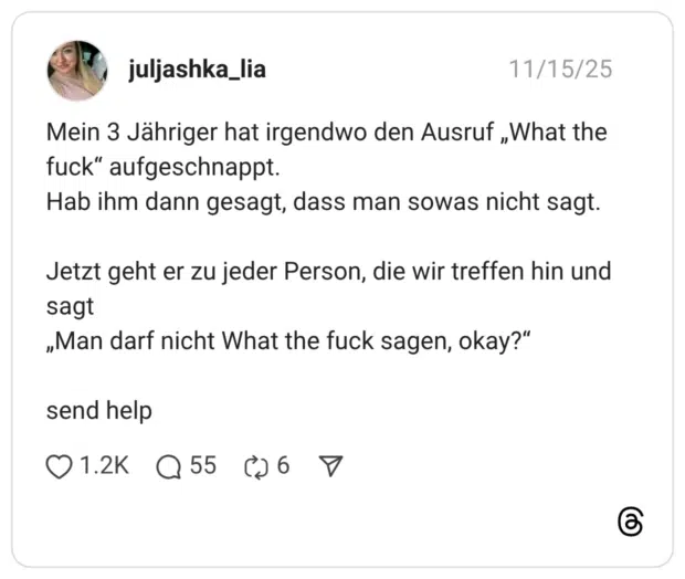 Mein 3 Jähriger hat irgendwo den Ausruf „What the fuck“ aufgeschnappt. Hab ihm dann gesagt, dass man sowas nicht sagt. Jetzt geht er zu jeder Person, die wir treffen hin und sagt „Man darf nicht What the fuck sagen, okay?“ send help