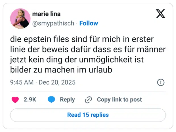 die epstein files sind für mich in erster linie der beweis dafür dass es für männer jetzt kein ding der unmöglichkeit ist bilder zu machen im urlaub