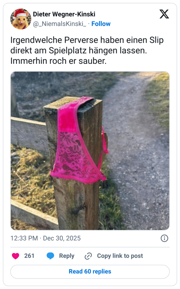 Irgendwelche Perverse haben einen Slip direkt am Spielplatz hängen lassen. Immerhin roch er sauber.