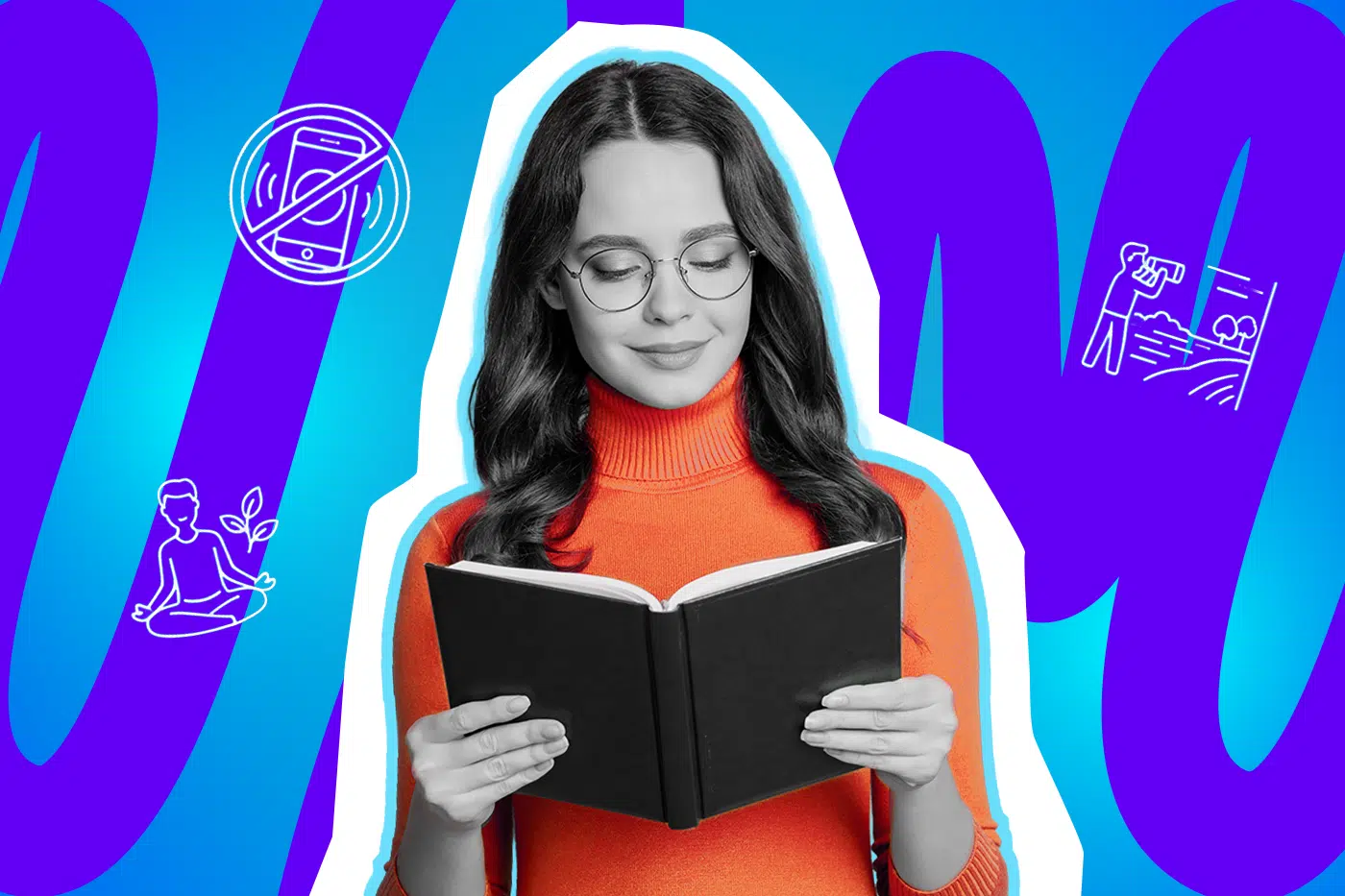Lächelnde junge Frau mit Brille im orangefarbenen Rollkragenpullover, die vertieft in einem Buch liest. Die Pop-Art-Illustration symbolisiert den bewussten Rückzug aus der digitalen Welt und die Förderung der mentalen Gesundheit durch Digital Detox.