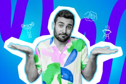 Moderne Grafik eines Mannes, der die Welt der „Männerfakten“ hinterfragt. Inklusive minimalistischer Symbole für Sport, Handwerk und Grillen. Ideal für Blogbeiträge über Partnerschaft, Humor und die ewigen Unterschiede zwischen den Geschlechtern.