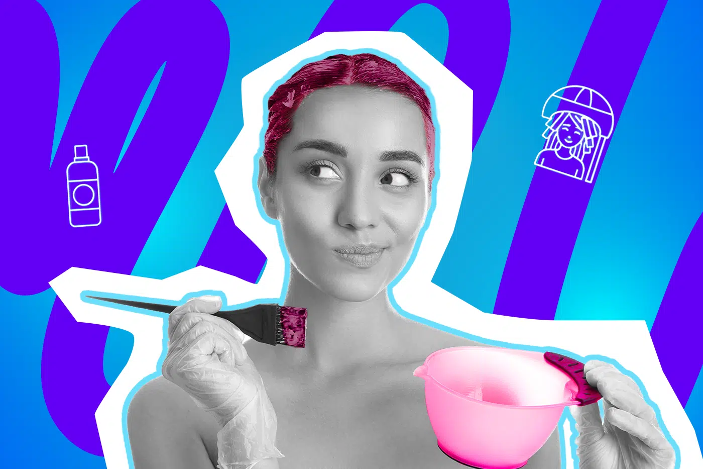 Moderne Grafik einer Frau, die sichtlich über ihre nächste Haarfarbe nachdenkt. Inklusive minimalistischer Symbole für Haarpflege und Styling. Ideal für Blogbeiträge über Beauty-Hacks, Friseurbesuche vs. Drogerie-Produkte und humorvolle Badezimmer-Geschichten.