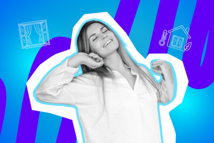 Eine junge Frau atmet tief durch und genießt mit geschlossenen Augen die frische Luft. Die Pop-Art-Illustration symbolisiert die deutsche Leidenschaft für das richtige Lüften, Wohngesundheit und das angenehme Gefühl nach dem Stoßlüften.