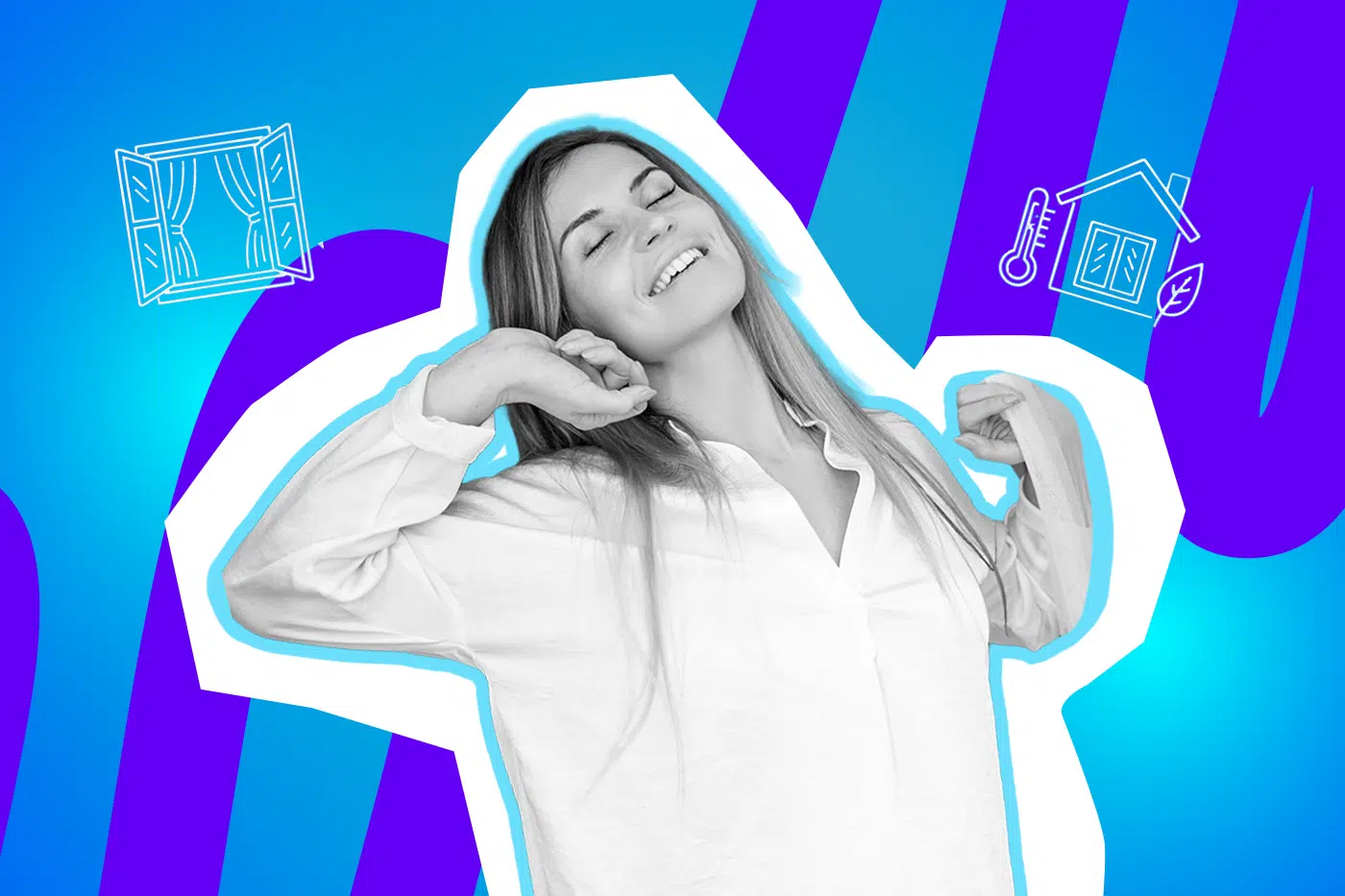 Eine junge Frau atmet tief durch und genießt mit geschlossenen Augen die frische Luft. Die Pop-Art-Illustration symbolisiert die deutsche Leidenschaft für das richtige Lüften, Wohngesundheit und das angenehme Gefühl nach dem Stoßlüften.