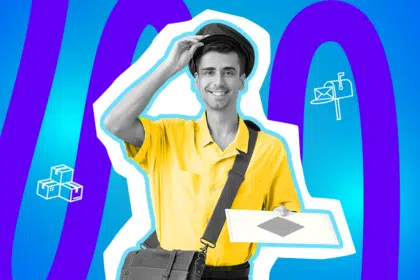 Lächelnder Postbote in gelber Uniform mit Mütze und Umhängetasche, der freundlich grüßt. Die Pop-Art-Illustration symbolisiert Zuverlässigkeit, den Service der Postzustellung und die tägliche Arbeit der Paketzusteller.