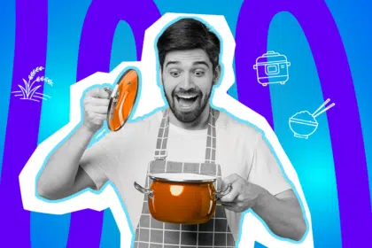 Moderne Grafik eines Mannes beim Kochen, der hoffnungsvoll in seinen Topf schaut. Inklusive minimalistischer Symbole für Küchenutensilien und Reisgerichte. Ideal für Blogbeiträge über Food-Anekdoten, Reiskocher-Empfehlungen und humorvolle Alltagstipps.