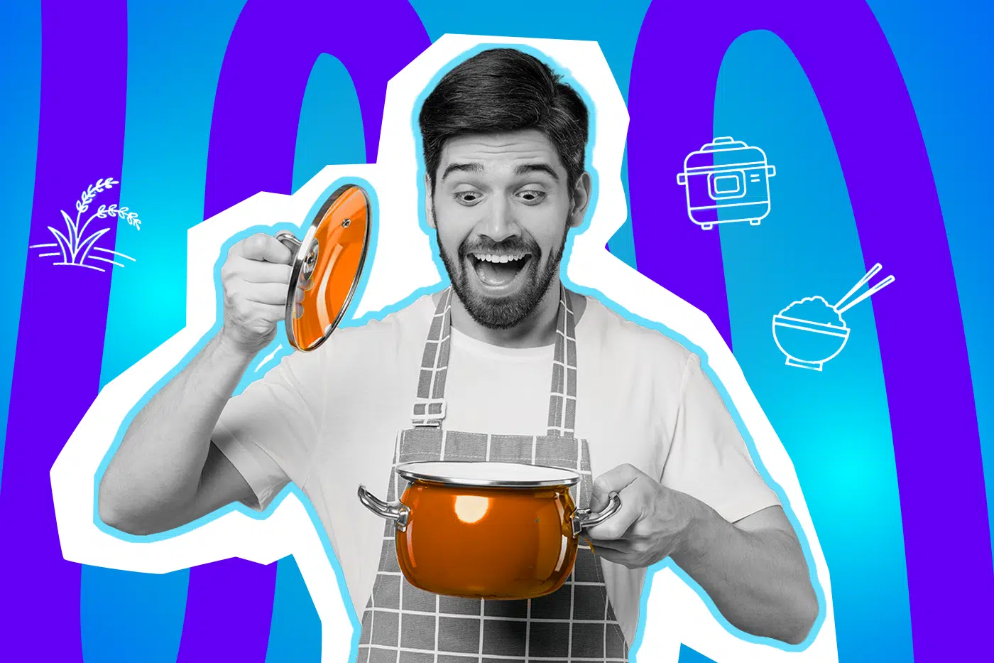 Moderne Grafik eines Mannes beim Kochen, der hoffnungsvoll in seinen Topf schaut. Inklusive minimalistischer Symbole für Küchenutensilien und Reisgerichte. Ideal für Blogbeiträge über Food-Anekdoten, Reiskocher-Empfehlungen und humorvolle Alltagstipps.
