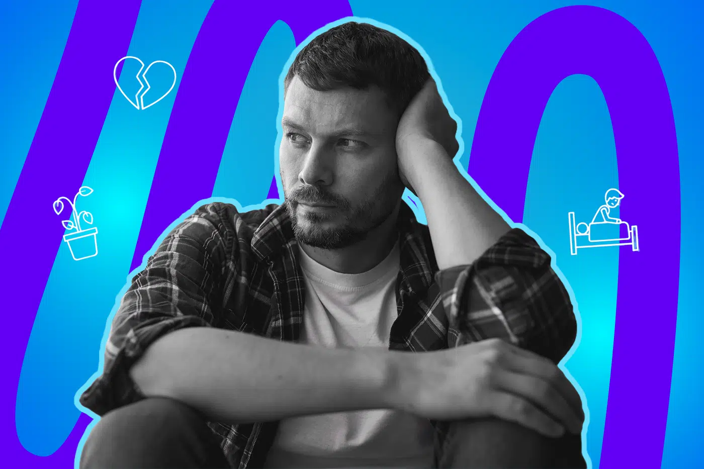 Moderne Grafik eines Mannes, der über die Vor- und Nachteile des Single-Status nachdenkt. Inklusive minimalistischer Symbole für Beziehungsstatus und Alltag. Ideal für Blogbeiträge über Single-Hacks, Humor im Alltag und die Entscheidung gegen traditionelles Dating.