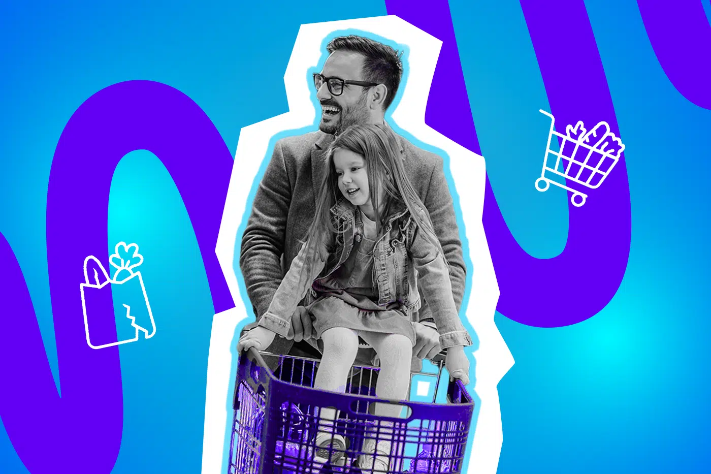 Moderne Grafik einer Familie beim Großeinkauf. Die Illustration spielt mit dem Kontrast zwischen Organisationstalent und dem Chaos im Supermarktregal. Ideal für Blogbeiträge über Haushaltstipps, Zeitmanagement und lustige Alltagsgeschichten.