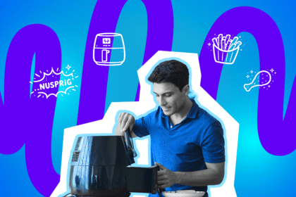 Mann bereitet Essen in einer Heißluftfritteuse zu und schaut konzentriert hinein, vor einem bunten, grafischen Hintergrund mit Symbolen für knuspriges Fastfood.