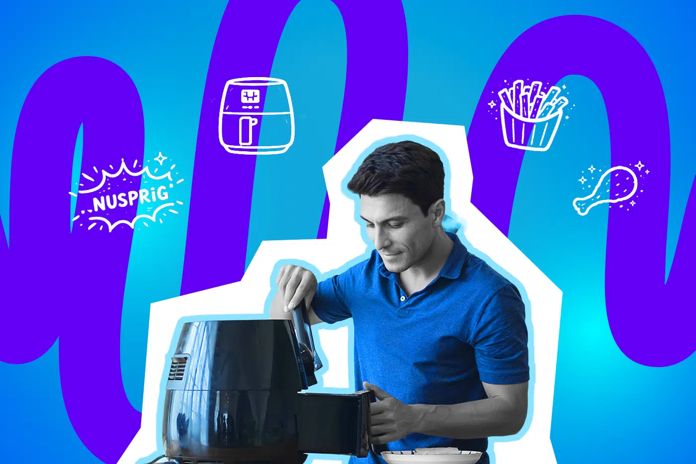 Mann bereitet Essen in einer Heißluftfritteuse zu und schaut konzentriert hinein, vor einem bunten, grafischen Hintergrund mit Symbolen für knuspriges Fastfood.