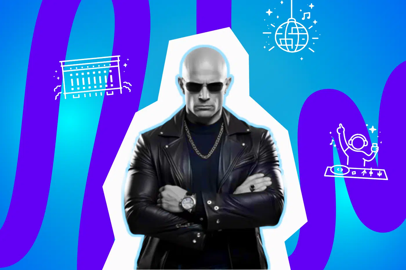 Ein Mann in schwarzer Lederjacke und Sonnenbrille steht mit verschränkten Armen vor einem farbigen Hintergrund mit Club- und Musik-Symbolen.