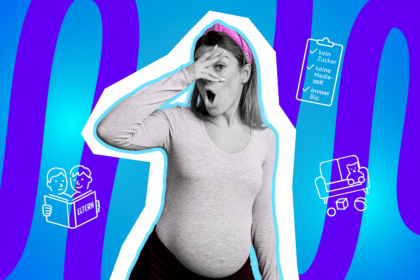 Moderne Grafik einer werdenden Mutter, die überrascht auf die Herausforderungen der Erziehung blickt. Inklusive Symbolen für Erziehungsratgeber und utopische Vorsätze. Ideal für Blogbeiträge über das Leben mit Kindern, Erziehungsmythen und den Wandel vom Paar zu Eltern.