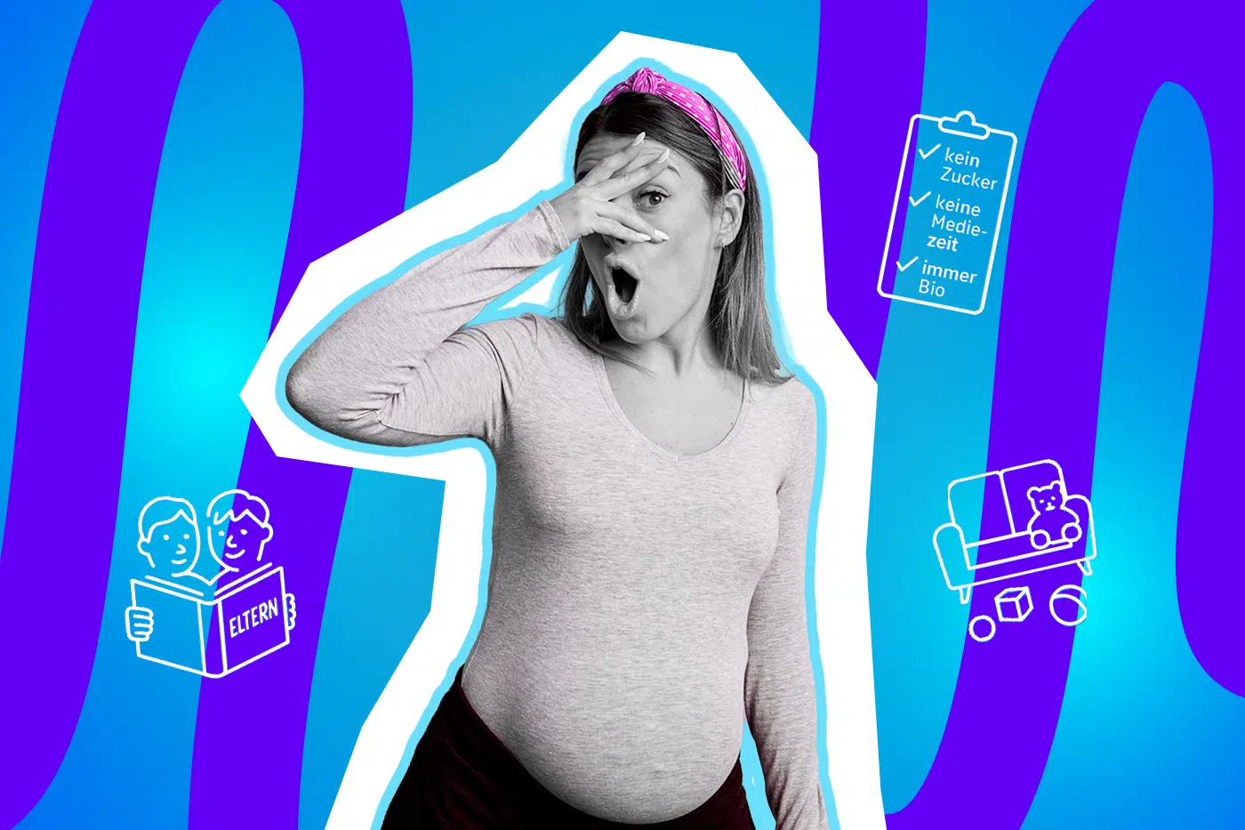 Moderne Grafik einer werdenden Mutter, die überrascht auf die Herausforderungen der Erziehung blickt. Inklusive Symbolen für Erziehungsratgeber und utopische Vorsätze. Ideal für Blogbeiträge über das Leben mit Kindern, Erziehungsmythen und den Wandel vom Paar zu Eltern.