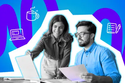 Eine Frau und ein Mann arbeiten gemeinsam am Laptop und mit Unterlagen, vor einem farbigen Hintergrund mit Symbolen für Büroarbeit und Planung.