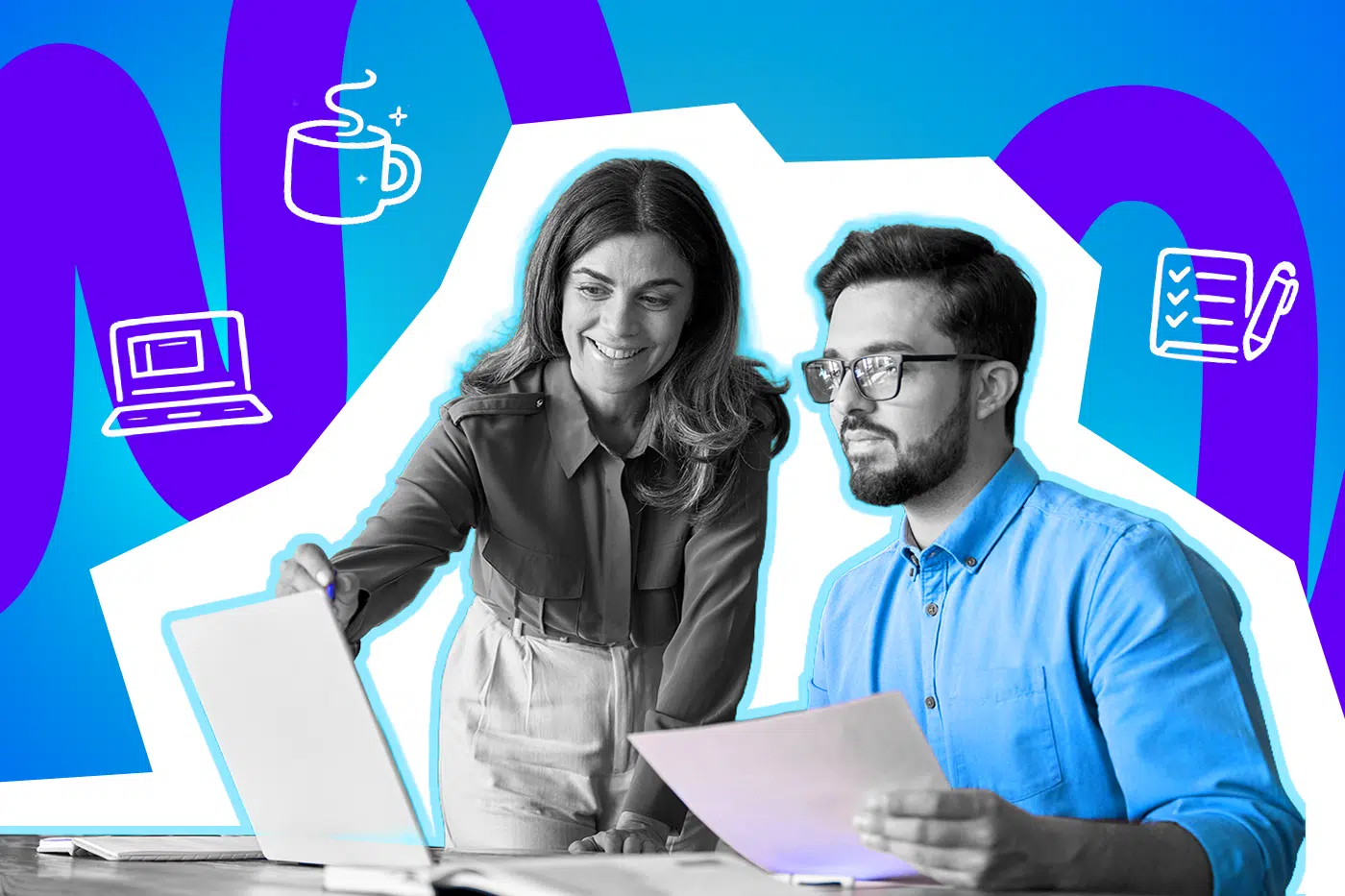 Eine Frau und ein Mann arbeiten gemeinsam am Laptop und mit Unterlagen, vor einem farbigen Hintergrund mit Symbolen für Büroarbeit und Planung.