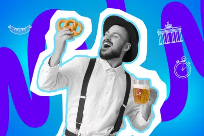 Ein lachender Mann in traditioneller bayerischer Tracht mit Lederhosen und Hut, der eine Brezel und ein Maß Bier hält. Die Pop-Art-Illustration spielt humorvoll mit deutschen Klischees, Gastfreundschaft und lokaler Identität.