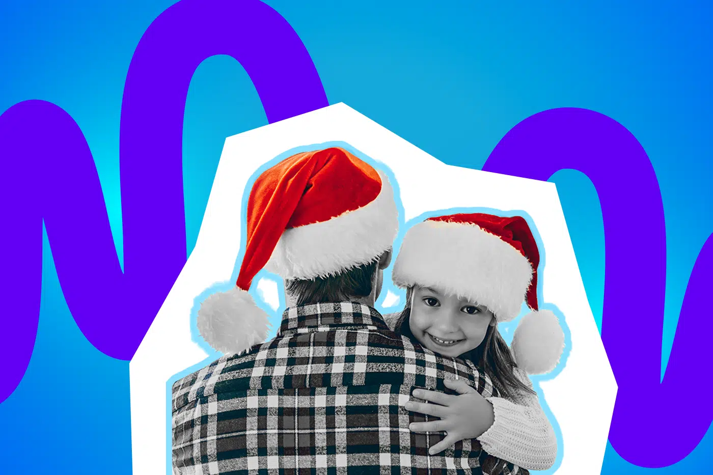 Ein Elternteil und ein Kind umarmen sich mit Weihnachtsmützen. Das Bild strahlt Nähe, Wärme und festliche Geborgenheit aus.