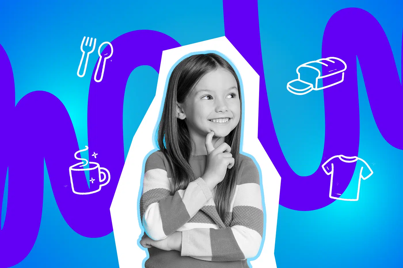 Ein lächelndes Kind schaut nachdenklich zur Seite und legt einen Finger ans Kinn, vor einem farbigen Hintergrund mit Symbolen für Essen, Trinken und Kleidung.