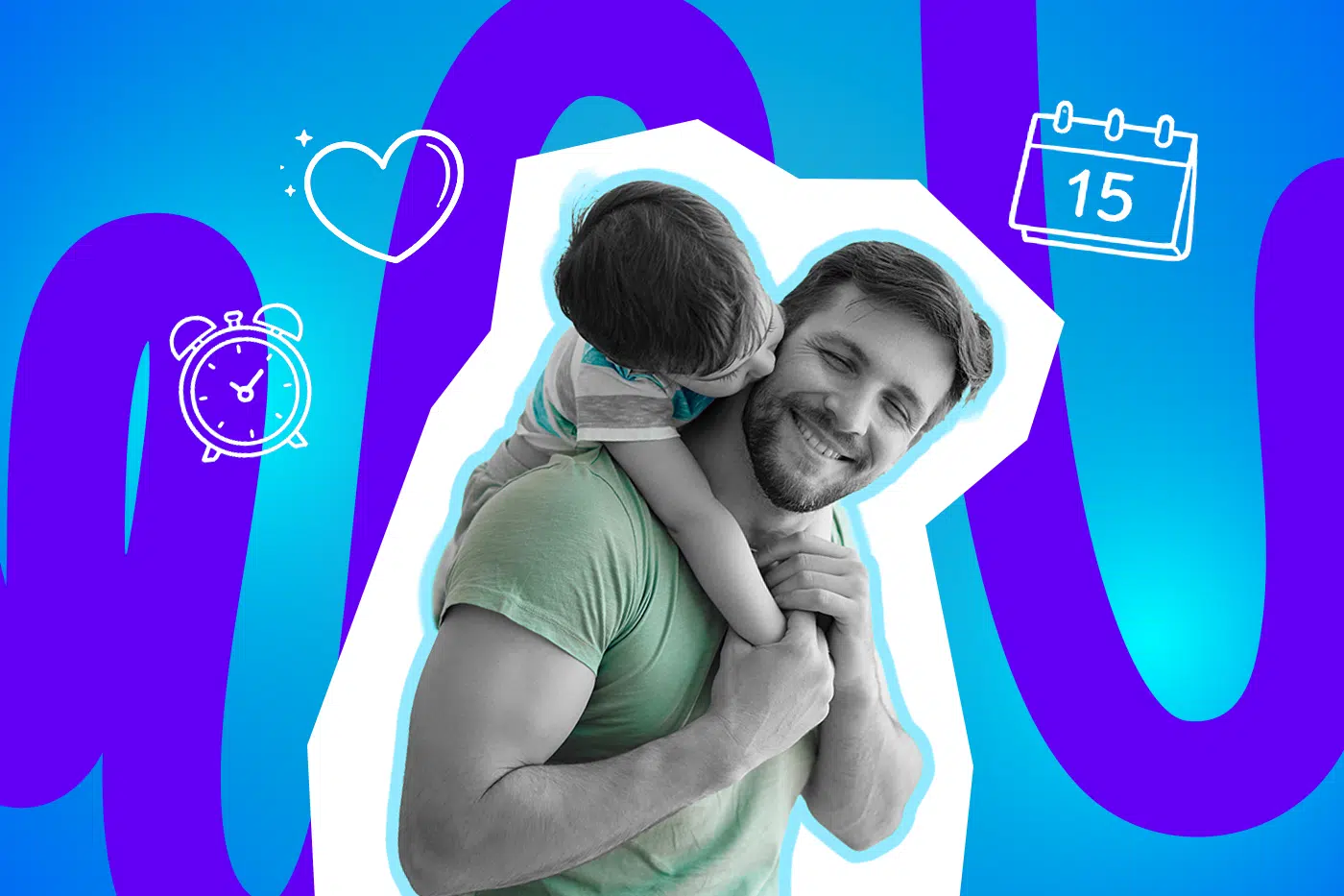 Ein Vater trägt sein Kind auf den Schultern und lächelt glücklich, während das Kind ihm einen Kuss gibt, vor einem farbigen Hintergrund mit Herz-, Zeit- und Kalendersymbolen.