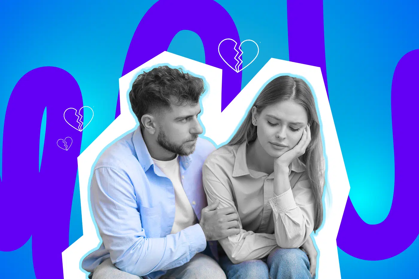 Ein Mann versucht eine traurige Frau zu trösten, die den Kopf in die Hand stützt, vor einem farbigen Hintergrund mit gebrochenen Herzsymbolen.