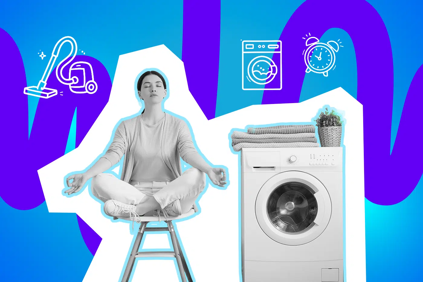 Entspannte Frau meditiert im Schneidersitz neben einer Waschmaschine vor einem bunten, grafischen Hintergrund mit Haushalts- und Zeitsymbolen.