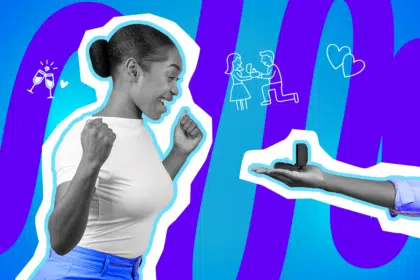 Moderne Grafik einer Frau, die emotional auf einen Heiratsantrag reagiert. Inklusive minimalistischer Symbole für Liebe und Feierlichkeiten. Ideal für Blogbeiträge über Hochzeitsplanung, Antrags-Ideen und humorvolle Beziehungsgeschichten.