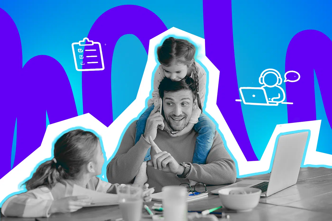 Ein Vater arbeitet im Homeoffice am Laptop, während zwei Kinder ihn spielerisch ablenken, vor einem farbigen Hintergrund mit Arbeits- und To-do-Symbolen.