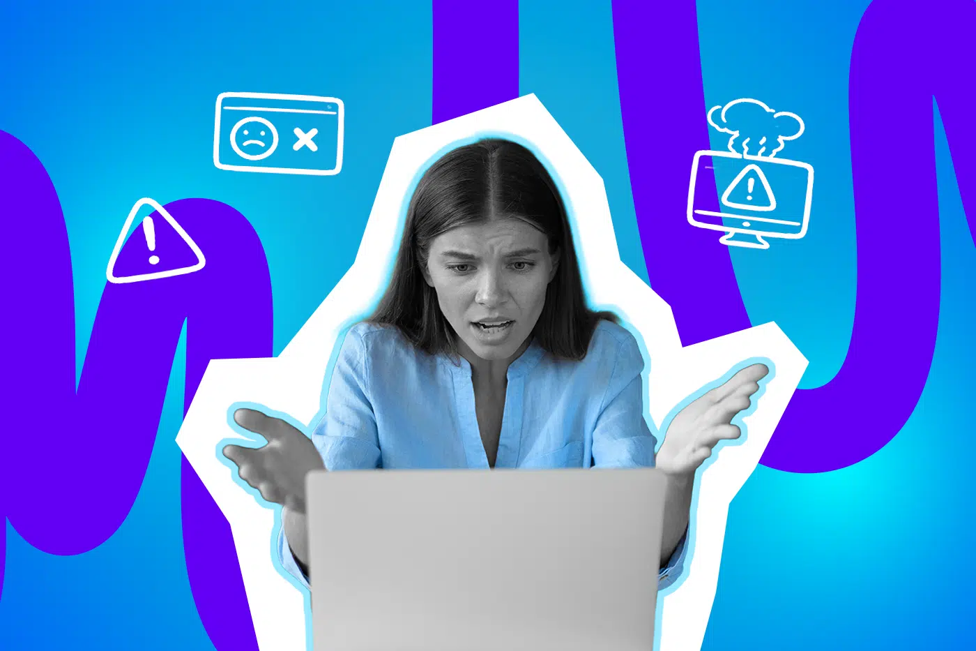 Eine Frau sitzt verzweifelt vor einem Laptop und hebt ratlos die Hände, vor einem farbigen Hintergrund mit Warn- und Fehlersymbolen.