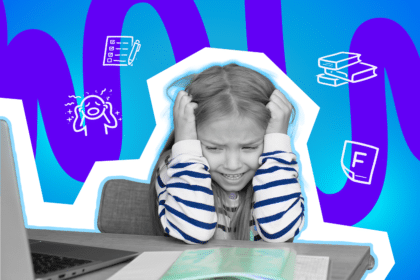 Ein Kind sitzt frustriert am Tisch, hält sich den Kopf und wirkt überfordert, vor einem farbigen Hintergrund mit Symbolen für Schule, Lernen und Stress.