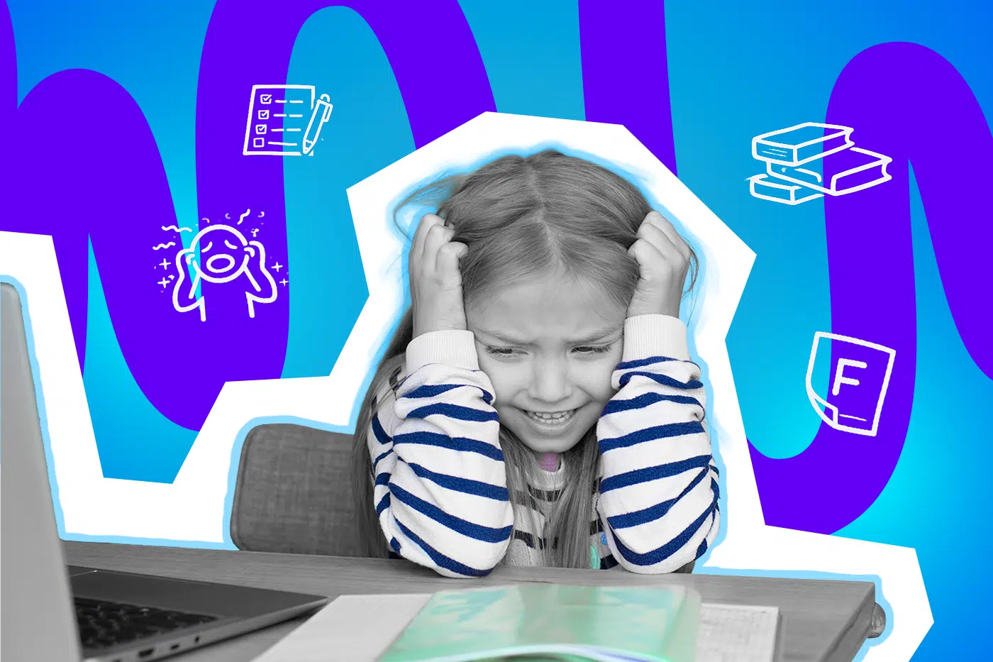 Ein Kind sitzt frustriert am Tisch, hält sich den Kopf und wirkt überfordert, vor einem farbigen Hintergrund mit Symbolen für Schule, Lernen und Stress.