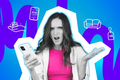 Eine Frau blickt überrascht auf ihr Smartphone und hebt fragend die Hand, vor einem farbigen Hintergrund mit Symbolen für eBay Kleinanzeigen, Geld und Möbel.