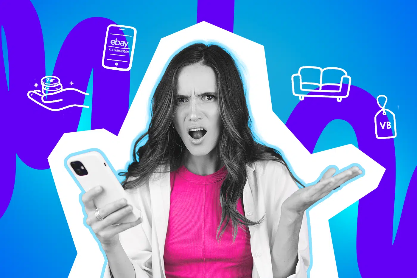 Eine Frau blickt überrascht auf ihr Smartphone und hebt fragend die Hand, vor einem farbigen Hintergrund mit Symbolen für eBay Kleinanzeigen, Geld und Möbel.