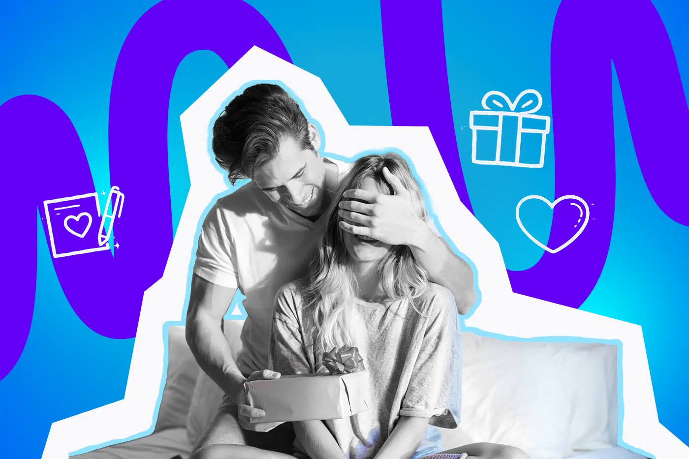 Ein Mann hält seiner Freundin die Augen zu und ist dabei ihr ein Geschenk zu überreichen.