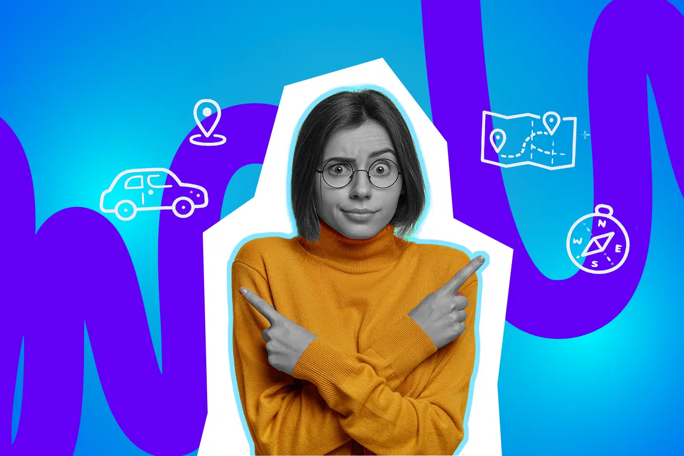 Eine Frau mit Brille zeigt unsicher in zwei Richtungen, vor einem farbigen Hintergrund mit Symbolen für Navigation, Auto und Orientierung.